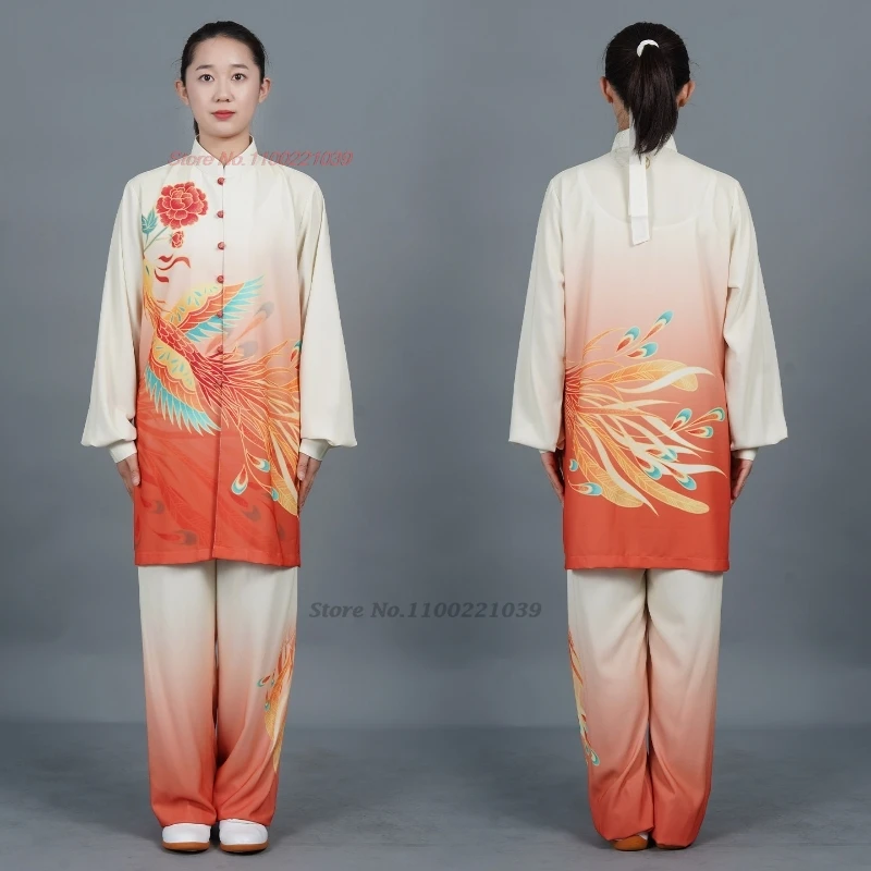 2026 chinese tai chi wushu taiji uniform morning exercise phoenix print tops+pants set training exercise stage performance suit view 4