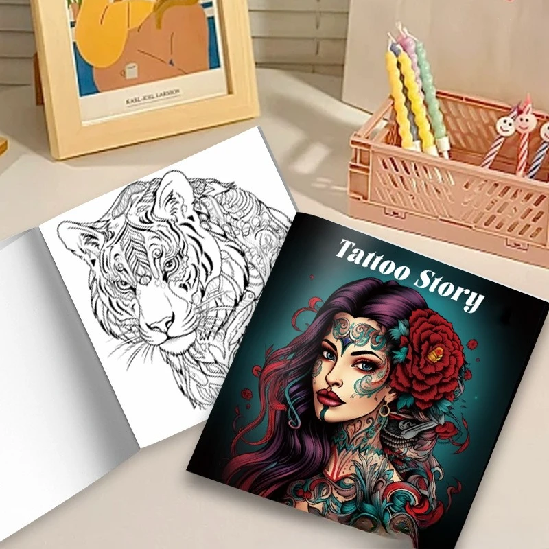 Tattoo Story Coloring Book Vintage Tattooed Woman Red Rose Floral Art Stress Relief Drawing Book