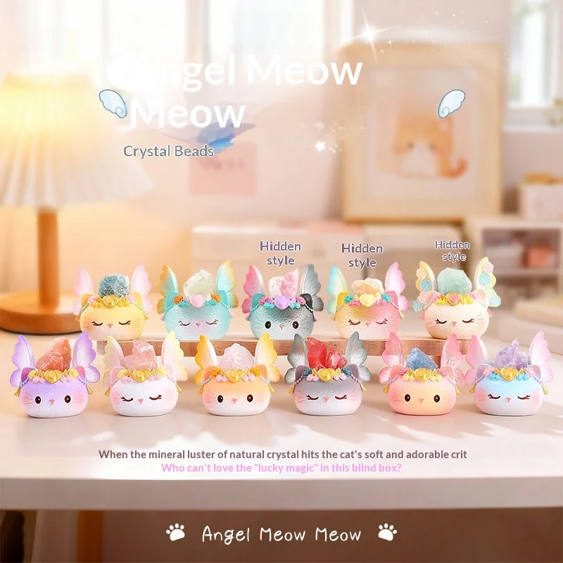 

Kawaii Angel Cat Crystal Stone Blind Box Cute Cartoon Mystery Figurine Desktop Ornament Home Office Decor Gift For Anime Fans