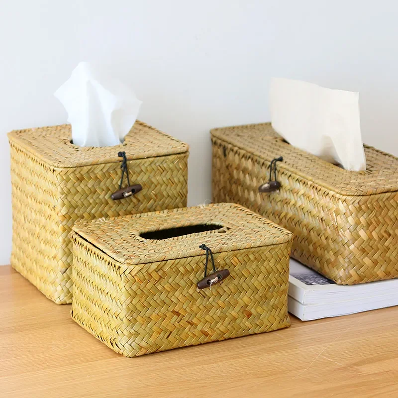 Straw Tissue Box Handmade Woven Rattan Napkin Holder Box Roll Paper Tray Car Living Room Storage Box Home Decor WF