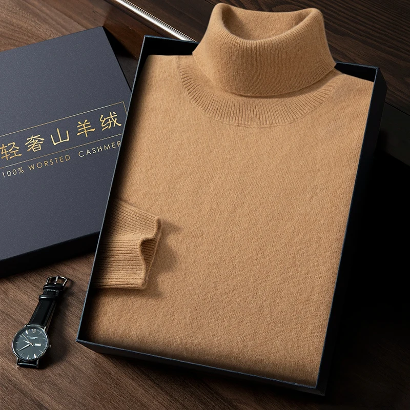 2025 Spring Autumn New 100% Cashmere Sweater Men's High Turnover Collar Knitted Pullover Fashion Slim Fit Knitted Bottom Shirt