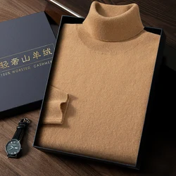 2025 Spring Autumn New 100% Cashmere Sweater Men's High Turnover Collar Knitted Pullover Fashion Slim Fit Knitted Bottom Shirt