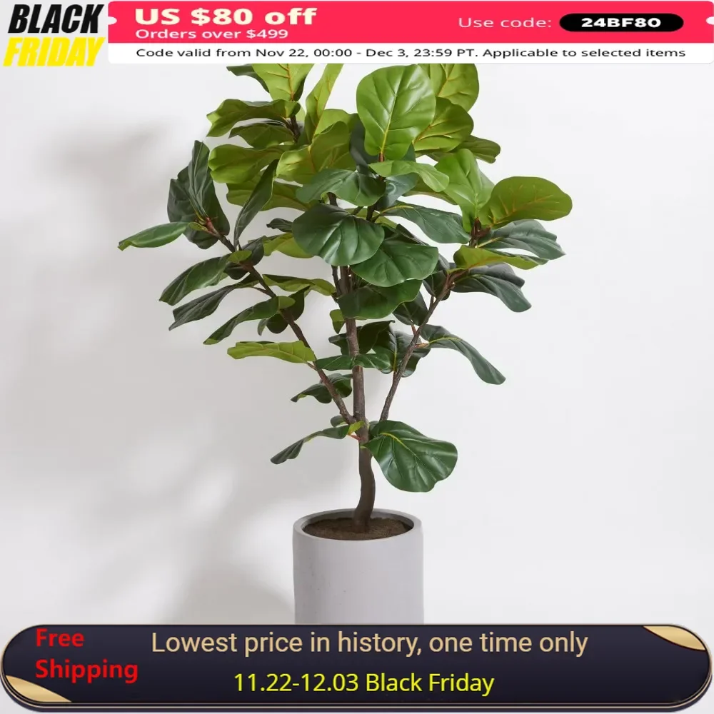 Faux Fiddle Leaf Fig Tree, Premium Handmade Artificial Indoor Plant Stands 5’ Tall, Lifelike-Leaves & Hand Painted Trunk Faux