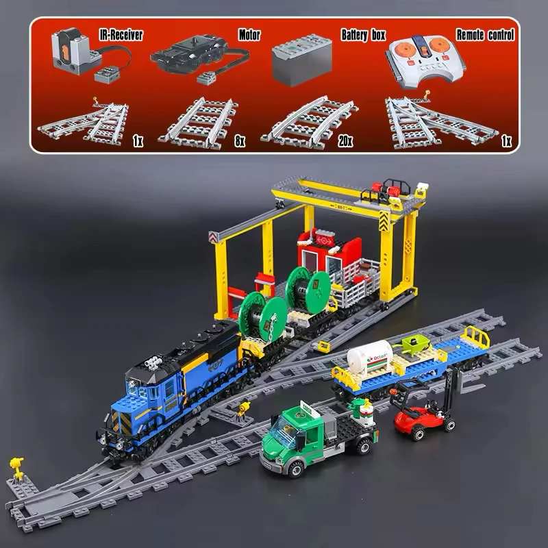 Compatible con tren de carga 60052, bloque de construcción, nuevo tren de exhibición MOC, juguete de ladrillo, modelo de Control remoto, regalo de Navidad 02008