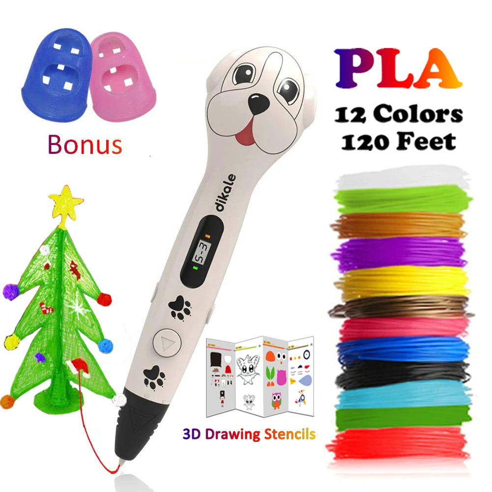 3D Printing Pen, Cute Dog OLED Screen 3D Pen, 3D Printer Pencil with Free 3M * 12 Colors PLA Filament, DIY Hobbies Toy