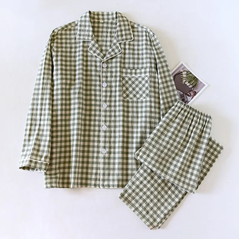 

2025 New Japanese Spring and Autumn Couple Pajama Set 100% Cotton Men's and Women's Plaid Long Sleeve Two Piece Home Furnishing