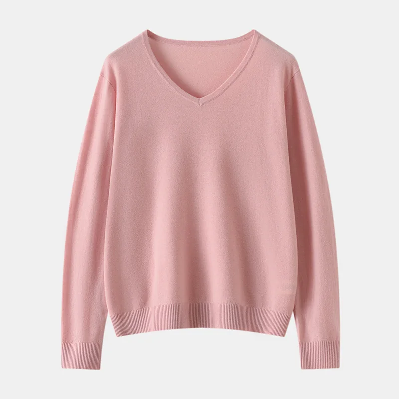 

Женский свитер из 100% камвольной шерсти, весна/осень, однотонный, повседневный, вязаный пуловер свободного кроя с V-образным вырезом, джемпер, топ