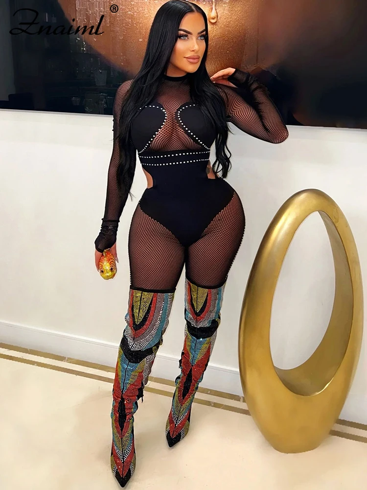 Znaiml Long Sleeve Skinny Night Club Outfits One Piece Rompers Overalls for Women Sexy See Through Patchwork Mesh Body Jumpsuit