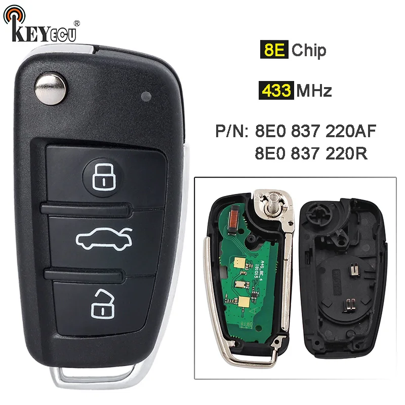 

KEYECU 433MHz 8E Chip 8E0 837 220AF / 8E0 837 220R Flip Remote Key Fob 3 Buttons for Audi Q7 A6 S6