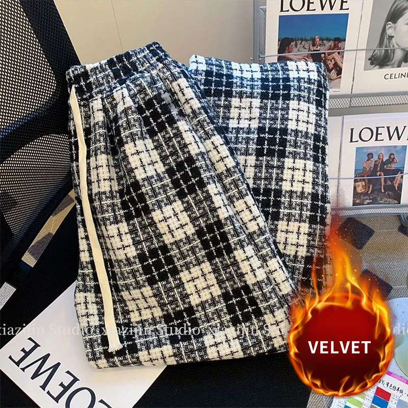 Winter Verdickte Breite Bein Hosen Vintage Lose Schwarz und Weiß Plaid Beflockung Casual Hosen Streetwear Frauen Koreanischen Stil