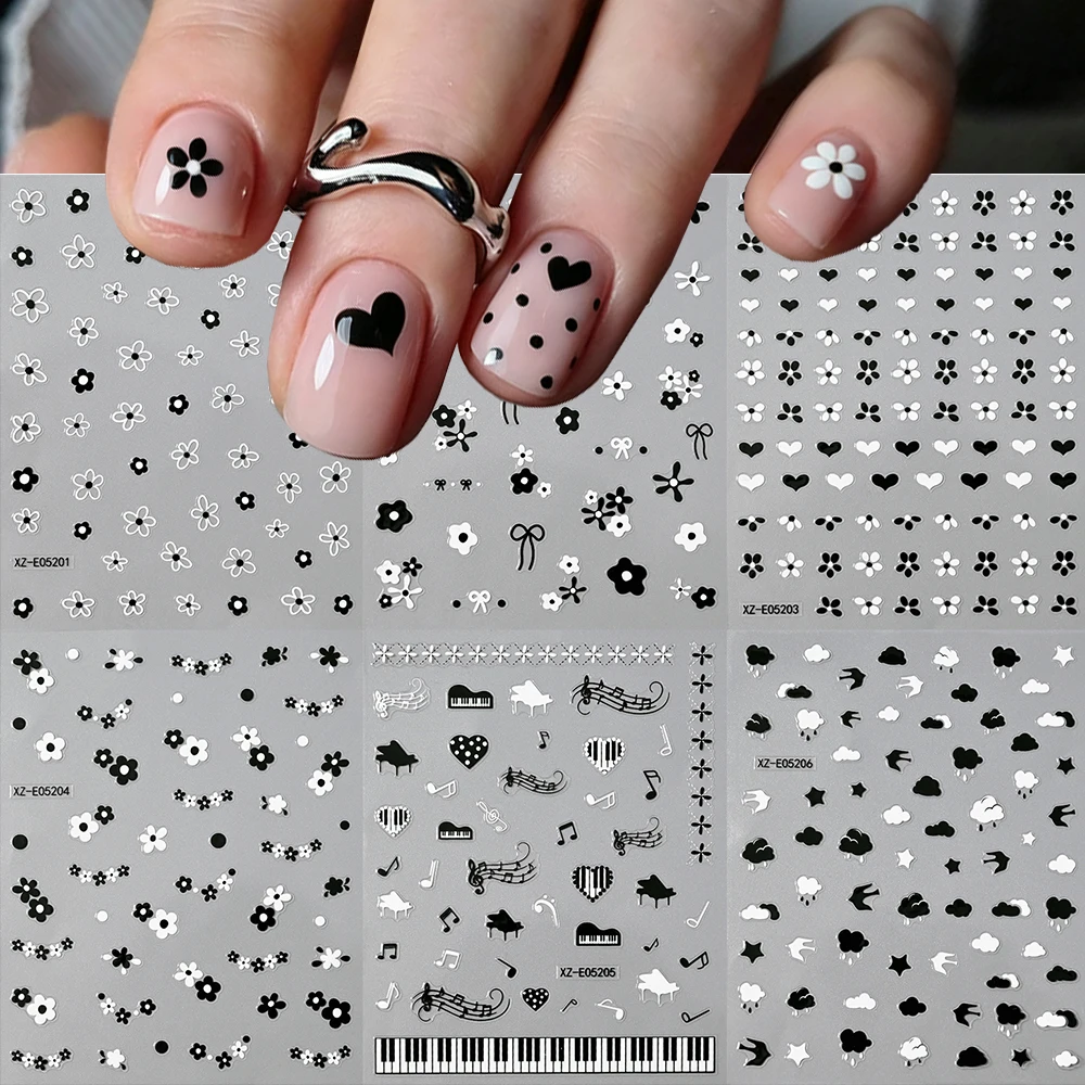 6Pcs Japanese Flower Bow Love Nail Sticker 3D Black White Piano Notes Clouds Y2k Nail Decals DIY Kawaii Manicure Slider Decorati