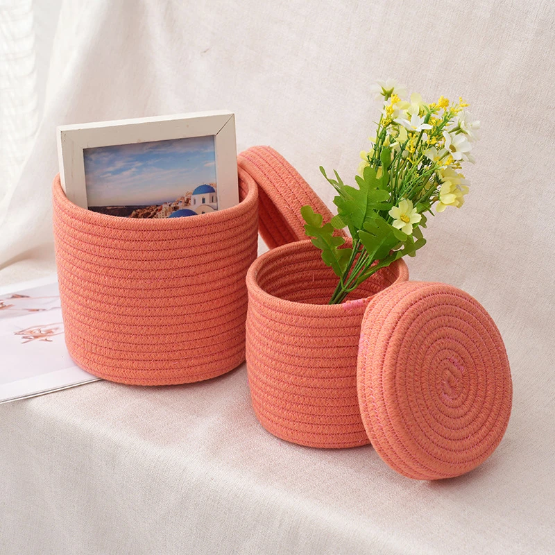 Cesta de almacenamiento tejida de cuerda de algodón con tapas, decoración del hogar, cesta de almacenamiento de escritorio para artículos diversos, aperitivos, productos para mascotas, frutas de juguete para niños