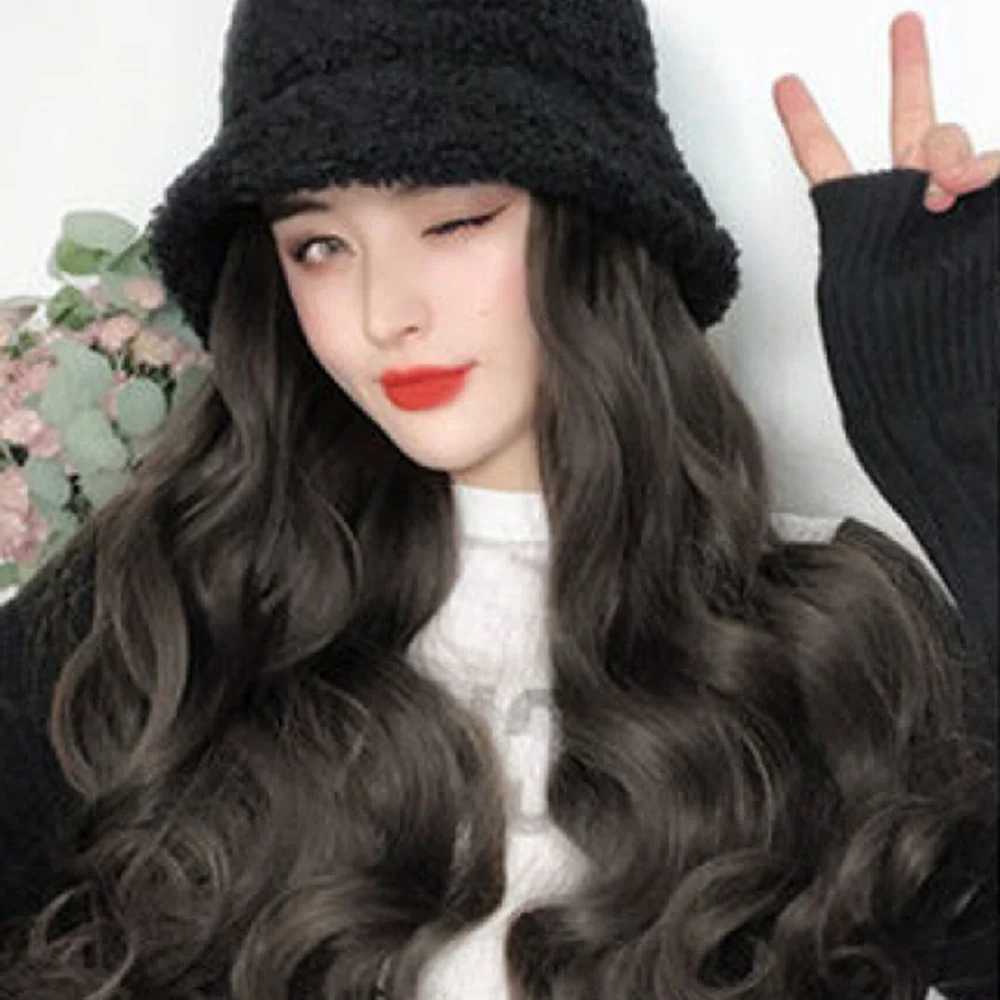 New Synthetic Hat wig All-in-one Autumn and Winter New Wave Roll Lamb Wool Fisherman Hat Natural Women's Full Head Set