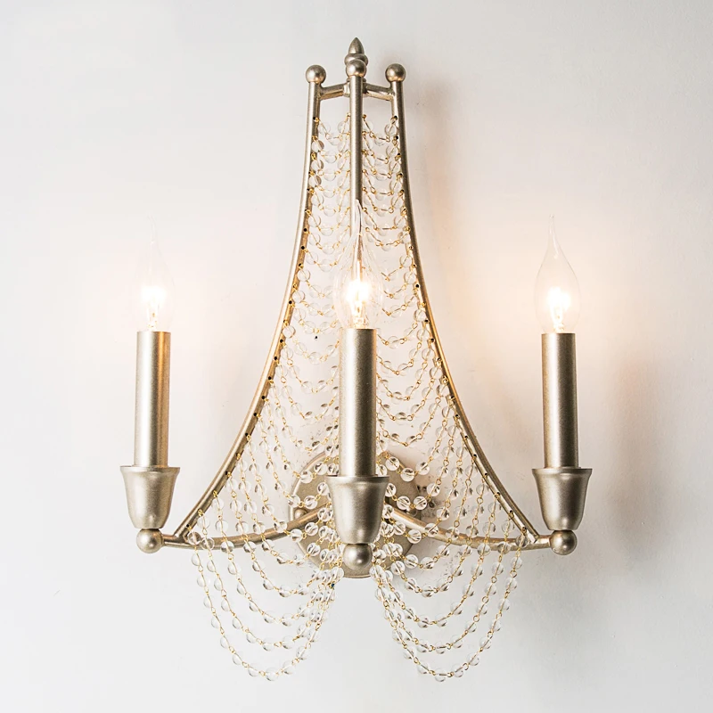 Unique Vintage Silver Metal American Country Wall Lamp Villa Living Room TV Back Wall Bedroom Bedside High Quality Crystal Lamp
