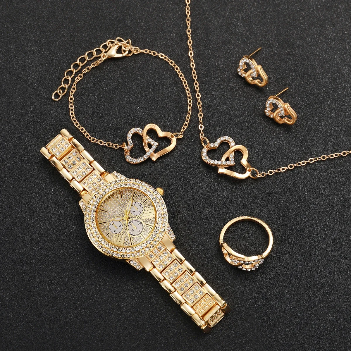 6PCS Ladies' Watch Treasure Pot Fashion Leisure Roman Quartz Set Full Diamond Bracelet Fashion Watch