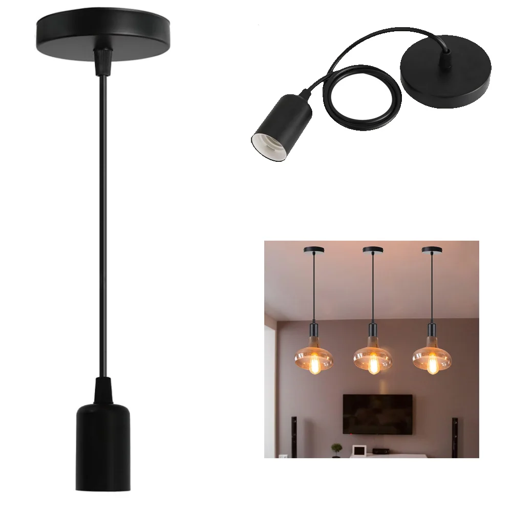 

Set of 2 Black Lamp Suspension E27 Socket with 100 cm Pendant Light Cable Height-Adjustable Lampshade Holder Ceiling Lamp Socket