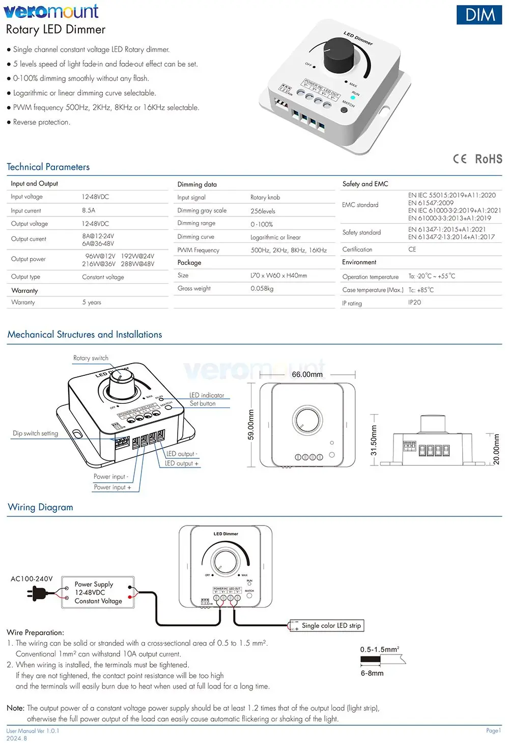 Skydance V1-KC Rotary LED Dimmer 12-48V DC 1CH*8A 5 Levels Light Gradient Speed for Single Color LED Strip Tape 0-100% Dimming