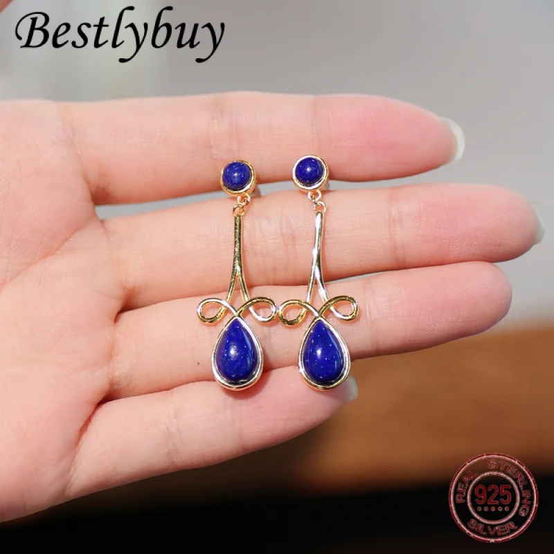 

Natural Lapis Lazuli s925 Pure Silver Celtic Knot Teardrop Shaped Temperament Earrings High-end Luxury Gift For Women