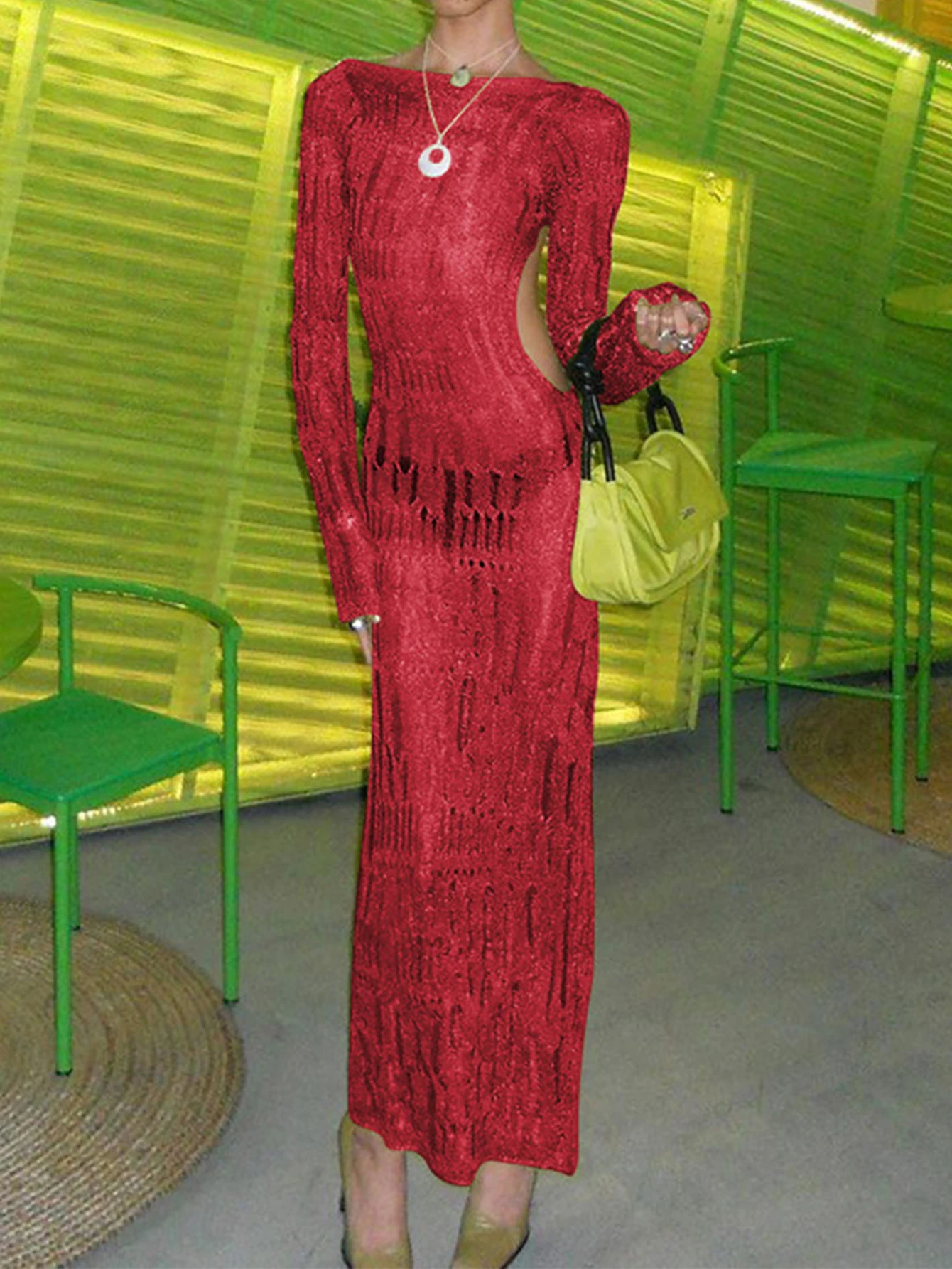 Vestido largo sexi ajustado de manga larga con cuello barco ahuecado transparente con agujeros recortados vestido informal de otoño con ribete de lechuga