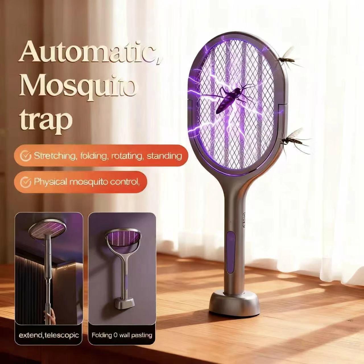 Electric mosquito swatter USB rechargeable home safety powerful LED light fly swatter retractable 109 cm 90° rotation