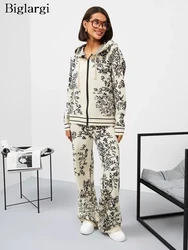 Knitted Floral Print Autumn 2 Two Piece Set Women Long Sleeve Casual Modis Ladies Hooded Coats Wide Leg Loose Korean Woman Pants