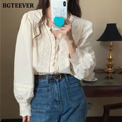 BGTEEVER Vintage Long Sleeve Embroidery Blouses Women Elegant Hollow-out V-neck Female Shirts Tops