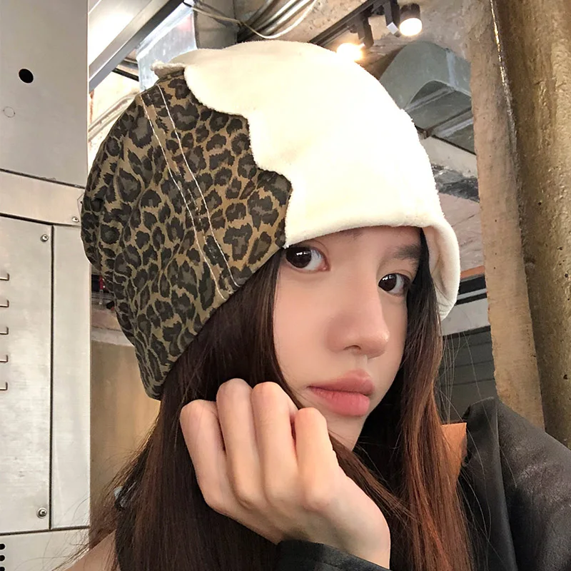 

American Leopard Print Splicing Stacking Hat Women Autumn and Winter Retro Y2k Loose Big Head Casual Warm Skull Beanie Caps