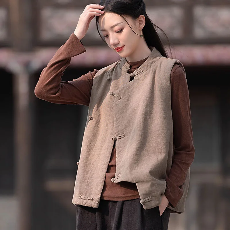 Vintage Cotton Linen Solid Color Clip Cotton Short Waistcoat Women's Side Cardigan Buckle Asymmetrical Cotton Vest Autumn Winter