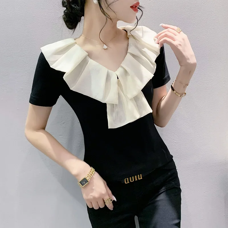 

Short Sleeve T Shirt Women V-neck Ruffles Office T-shirt Female Slim Elegant Elastic Cotton Tee Shirt Femme Sexy Summer