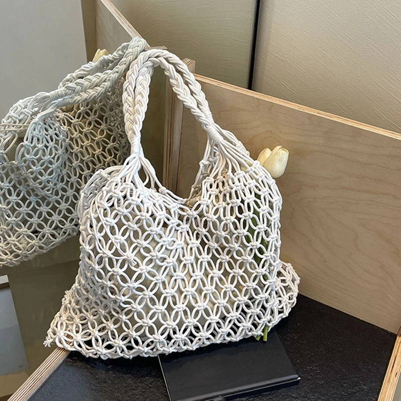 Sommer handgemachte gestrickte Boho Umhängetasche große gewebte Tote Strand aushöhlen Frauen Handtaschen stilvolle Einkaufstasche