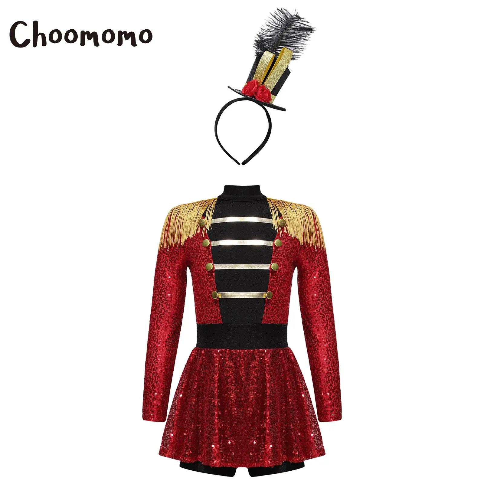 

Girls Circus Costume Halloween Ringmaster Bodysuit Tassel Sequin Leotard Dress with Hat Magic Wand Gloves Sets Magician Dress Up
