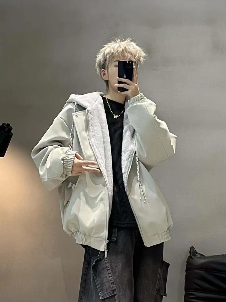 

Thiened Hooded Leather Jaet for Teens And Young Adults ex Loose Fit Warm Cotton Coat Youth Faion Winter Outerwear