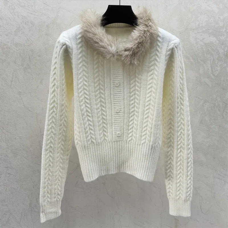 

High quality Women's fur collar cardigan sweater with trendy logo and slim fit design woman clothes 251221137