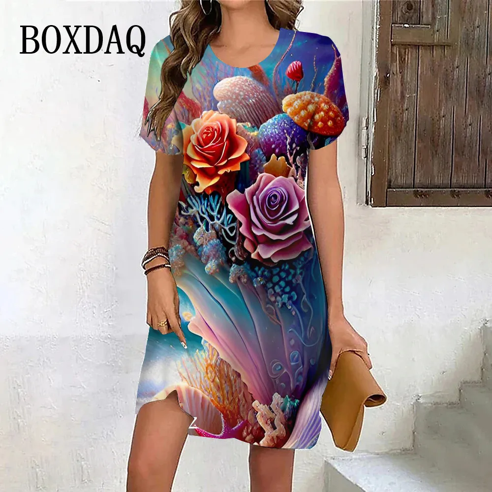 New 2024 Summer Dresses Women Tie Dye Scenery Flower Print Dress Female Clothing Casual Retro Short Sleeve Loose Plus Size Dress