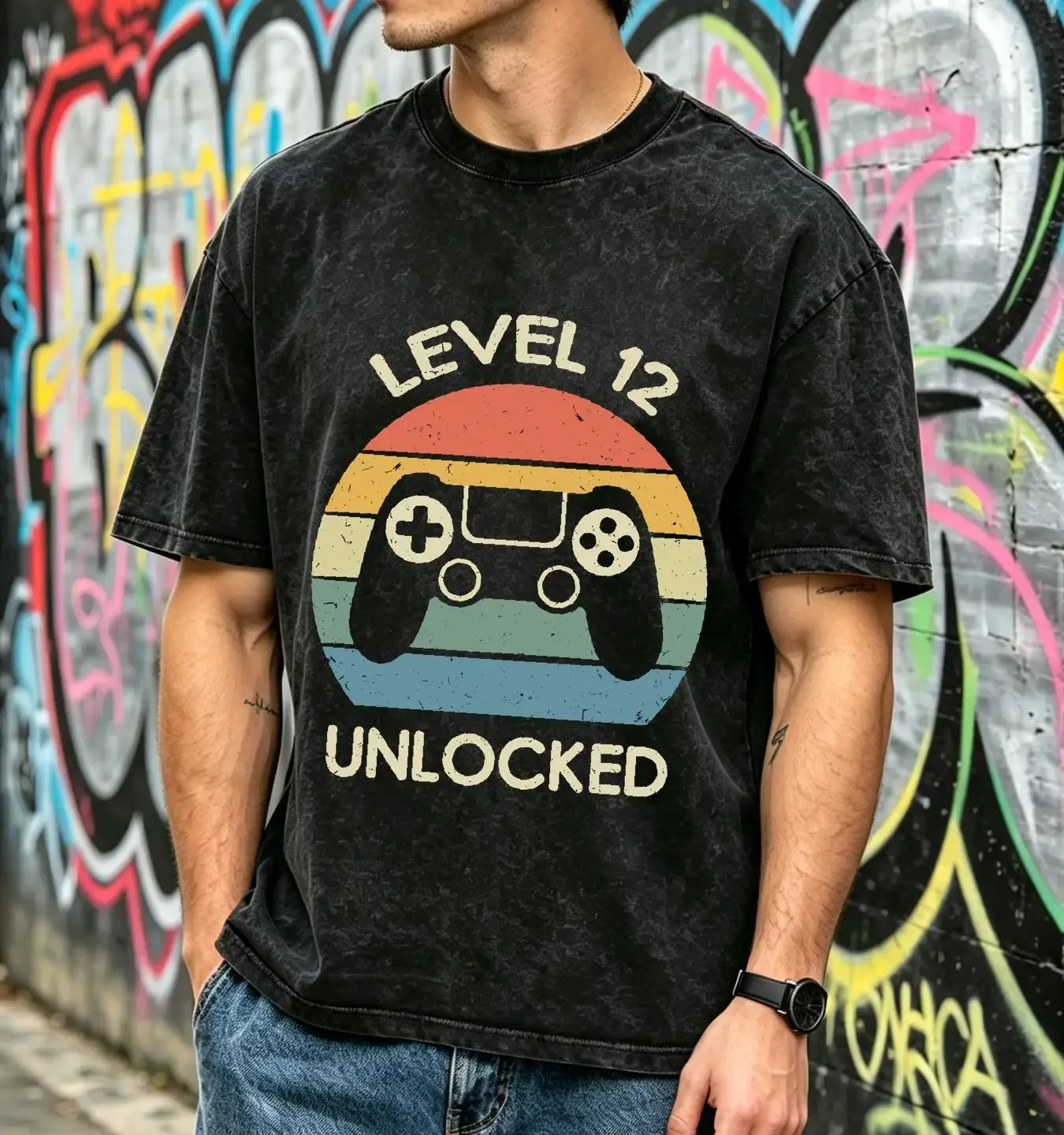washed T Shirt Level 12 Unlocked Cool 12th Birthday For Boy Girl Gamer Party years Old Retro vintage Washed Casual Stretched