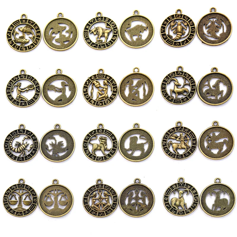 Ancient Bronze 24x21mm Twelve Constellations Charms Zodiac Pendant For DIY Handmade Metal Astrology Jewelry Making Accessorie