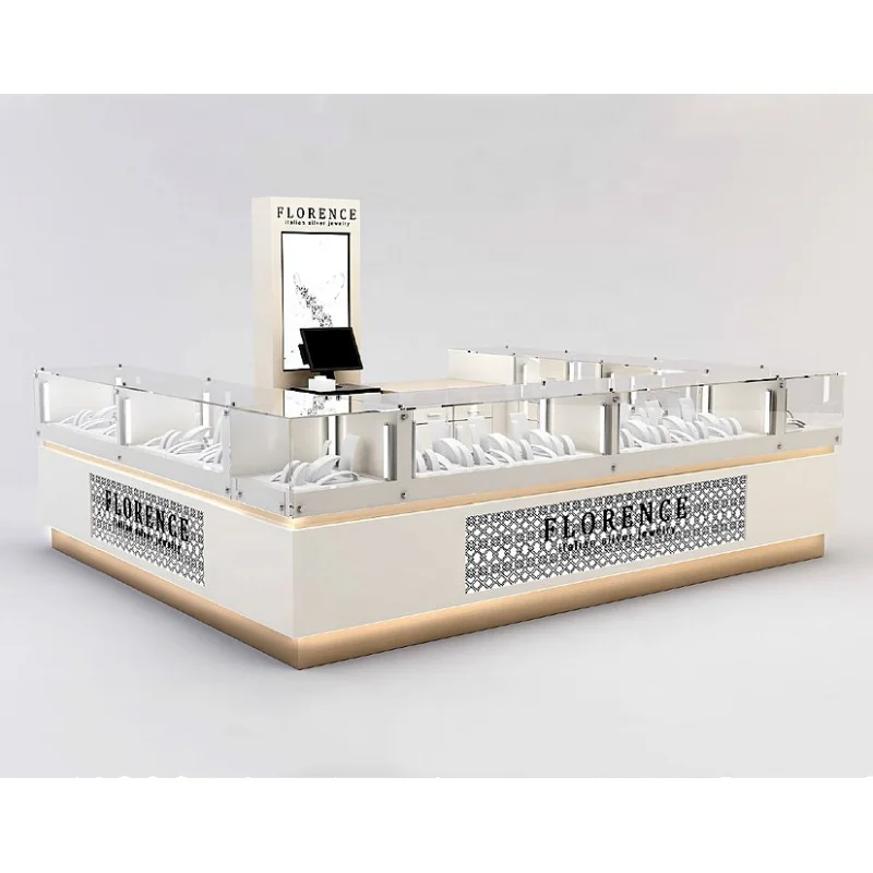 2025customized. luxury jewelry showcase kiosk with LED light wooden mall kiosk jewelry modern jewelry Island kiosk