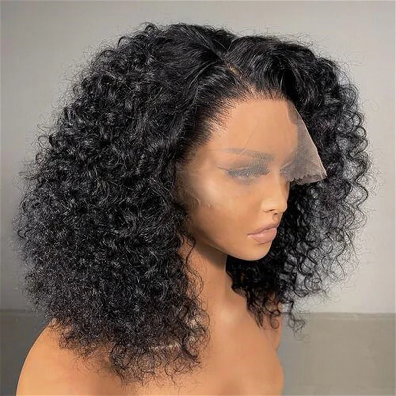 

Soft Long 16" Short 180Density Natural Black Kinky Curly Glueless Baby Hair Lace Front Wig For Women With Preplucked Daily Wigs