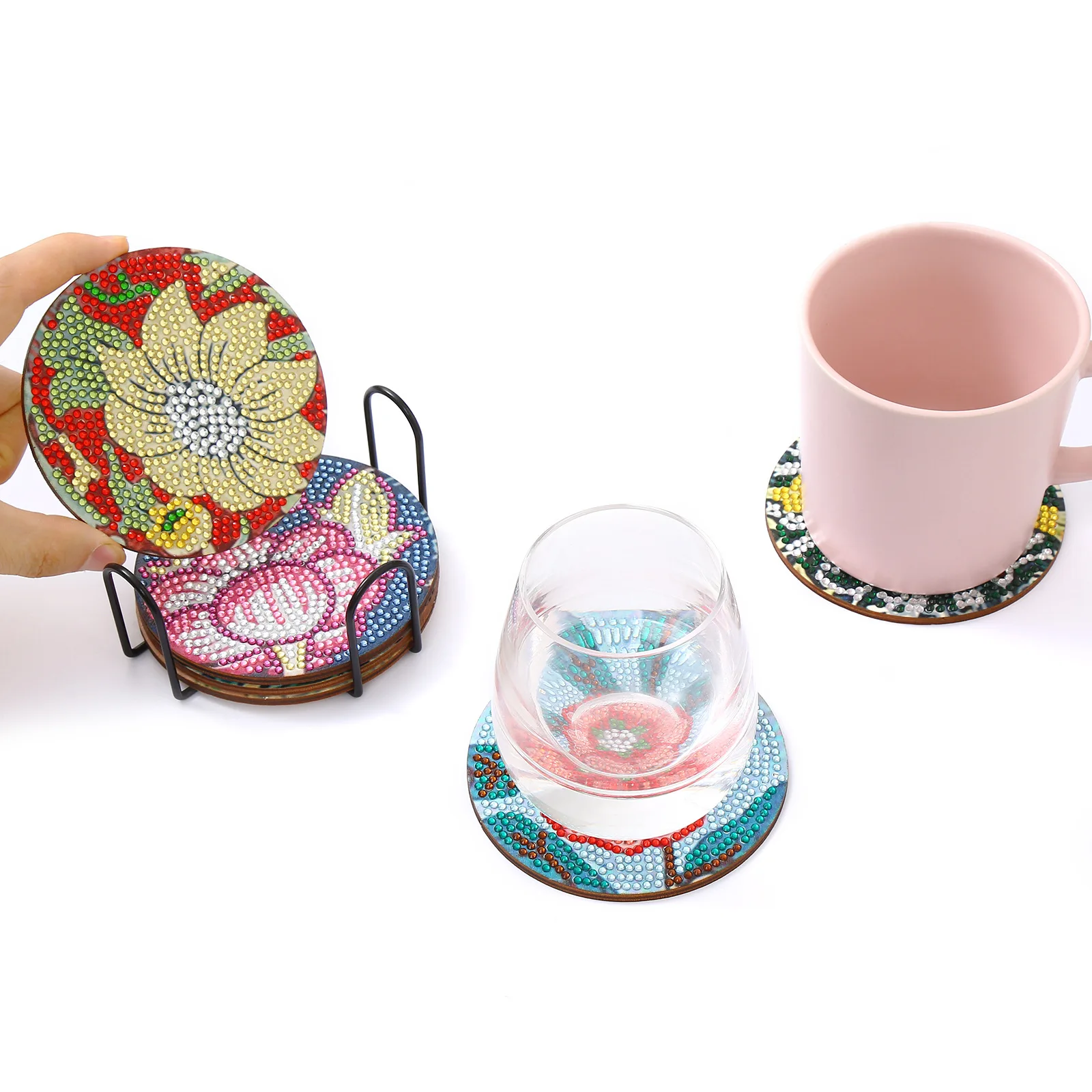 

6-Pack Handmade DIY round Wooden Coasters with Colorful Flower Design Thermal Insulation Anti-Slip Feature Includes Bracket