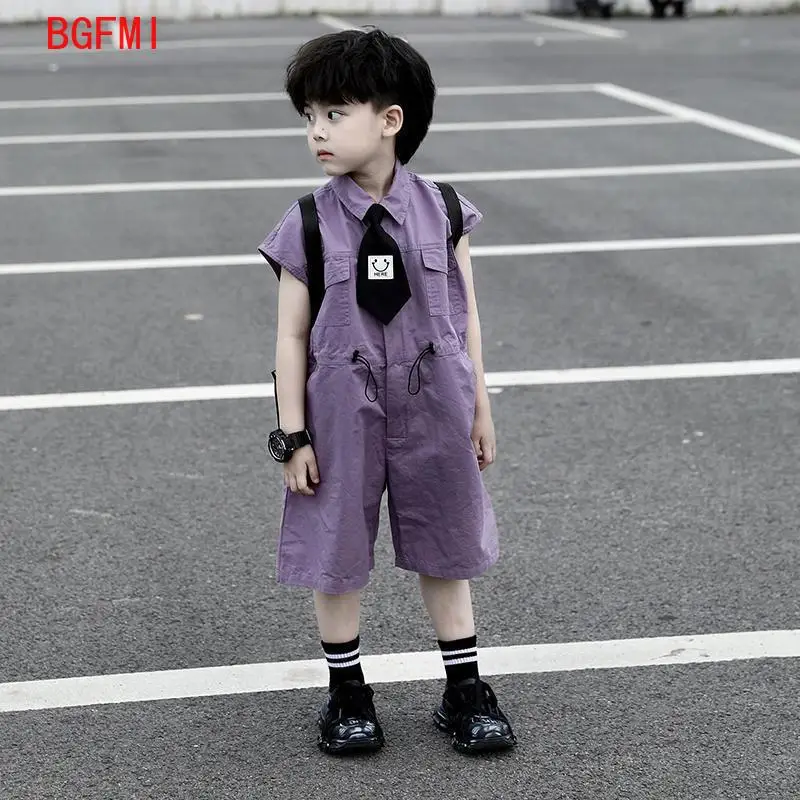 

Kids Summer Shorts Overalls Capri Boys Purple Pants and Tie Clothes Boy Baby Jumpsuit 1-10Y Short Sleeved Children's Clothing
