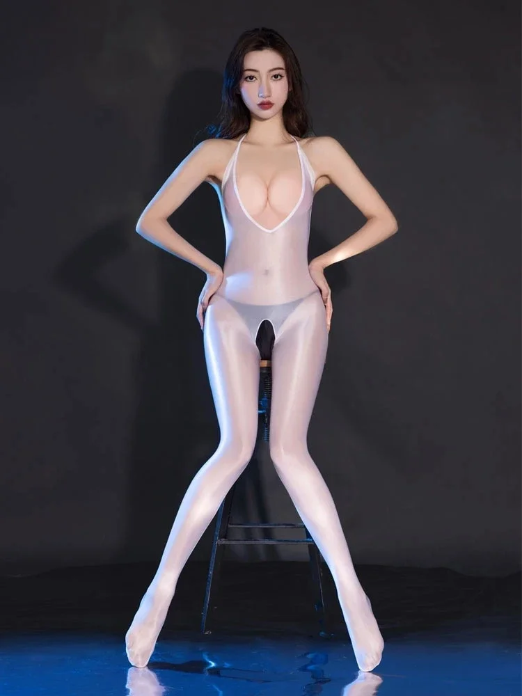 新しいセクシーな光沢のあるオープンクロッチディープ V ネックボディスーツオイル光沢のある薄手のシースルータイツ背中の開いたワンピースボディストッキングレオタード