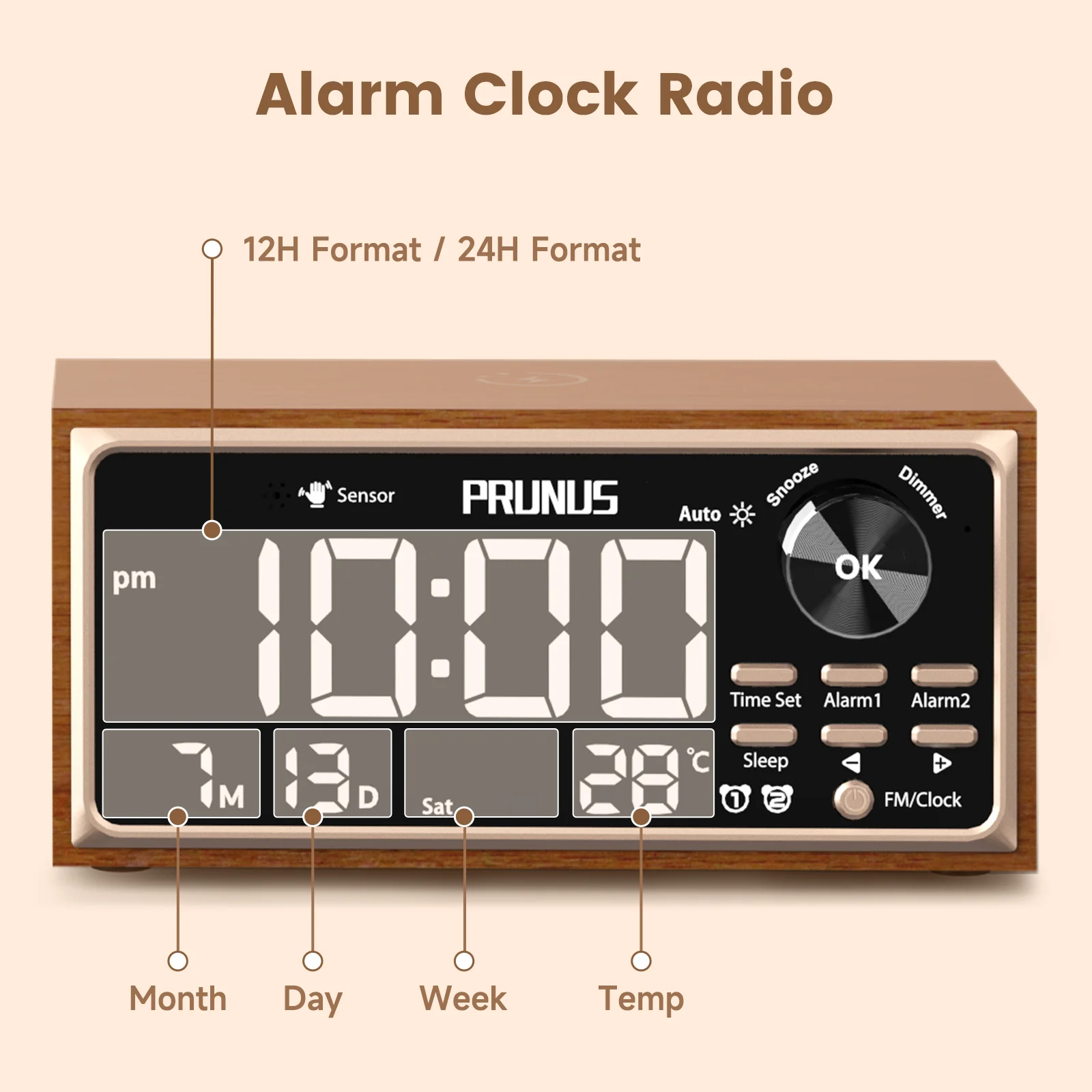 Retro Vintage Dual Alarm Clock Radio FM 15W Fast Wireless Charging LED Display Dimmer Control Auto-Dimming Retro Clock Bedroom