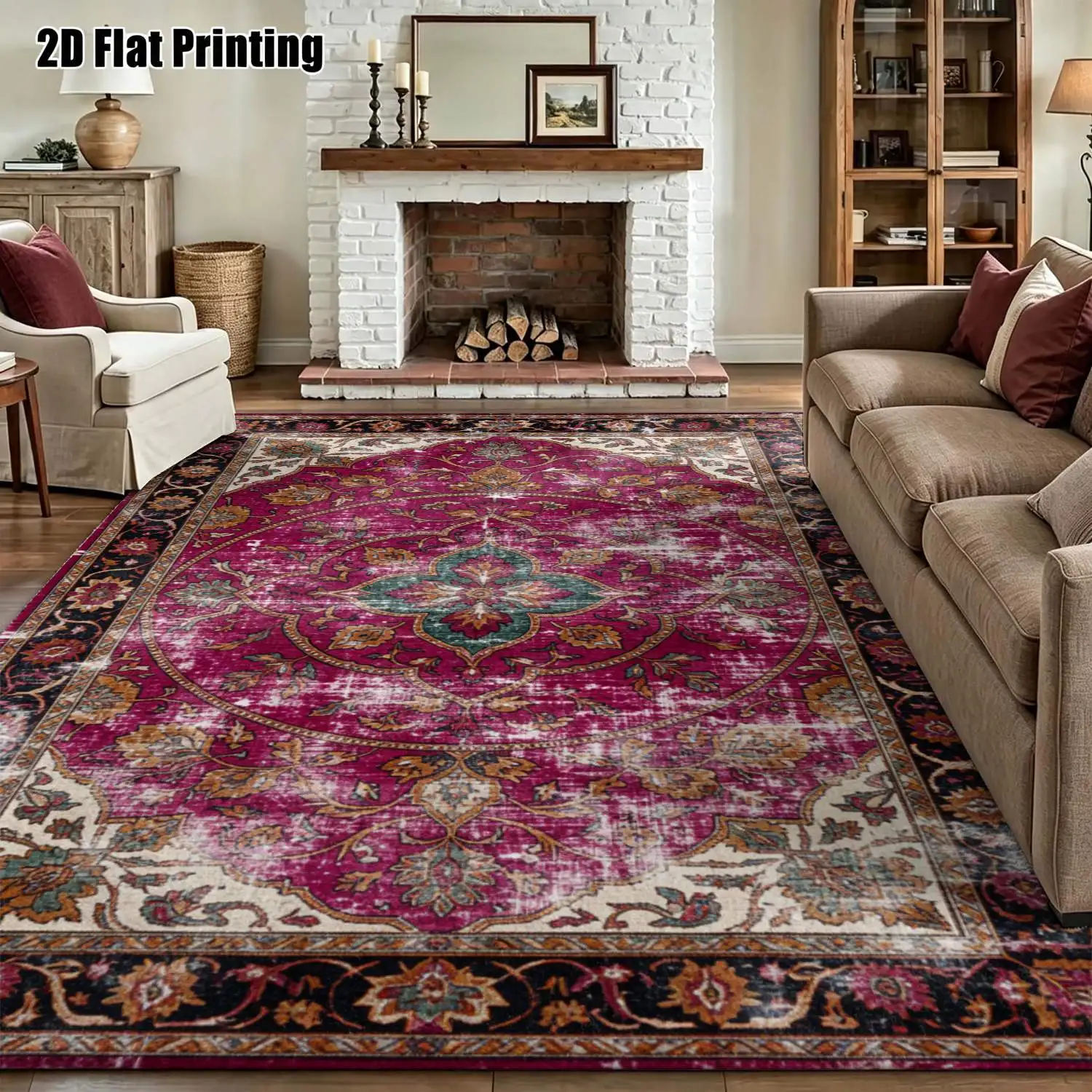 1Pc 2D Printed Retro Brown Blue Floral Carpet: European & Bohemian Style, Home Decor, Multi-Size, Machine Washable, Multi-Scene Use