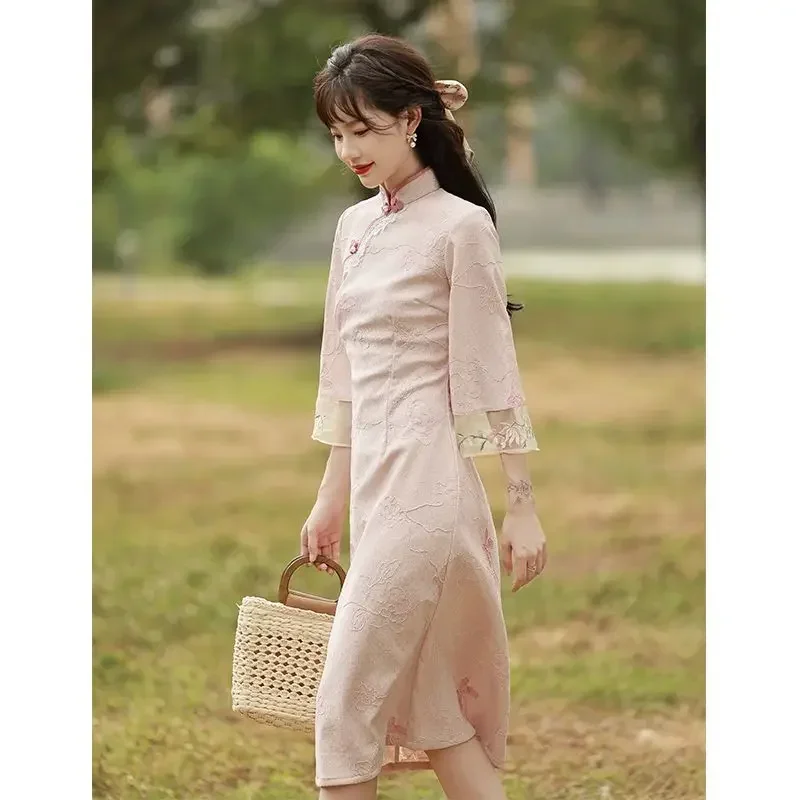 

2023 New Pink Cheongsam Embroidery Lace Women Dress Vintage Long Improved Sleeve Chinese Traditional Qipao S To XXL