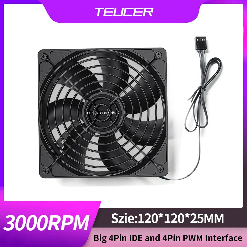 TEUCER 4 Pin High Speed Dual Ball Bearing 12cm Case Cooling System 3000RPM Fan For PC BTC Mining Frame Server Chassis Miner Fan