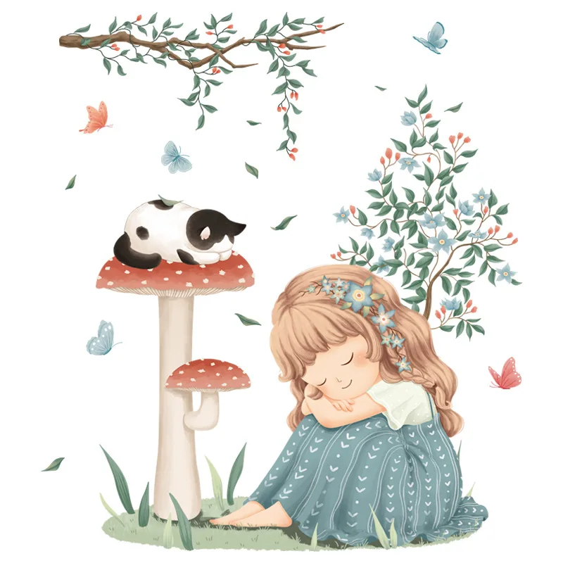 Adesivo da parete per cartoni animati per bambini Ragazza Foglie di vite fresche Decorazioni per la camera in PVC Accessori per la decorazione della casa Carta da parati autoadesiva