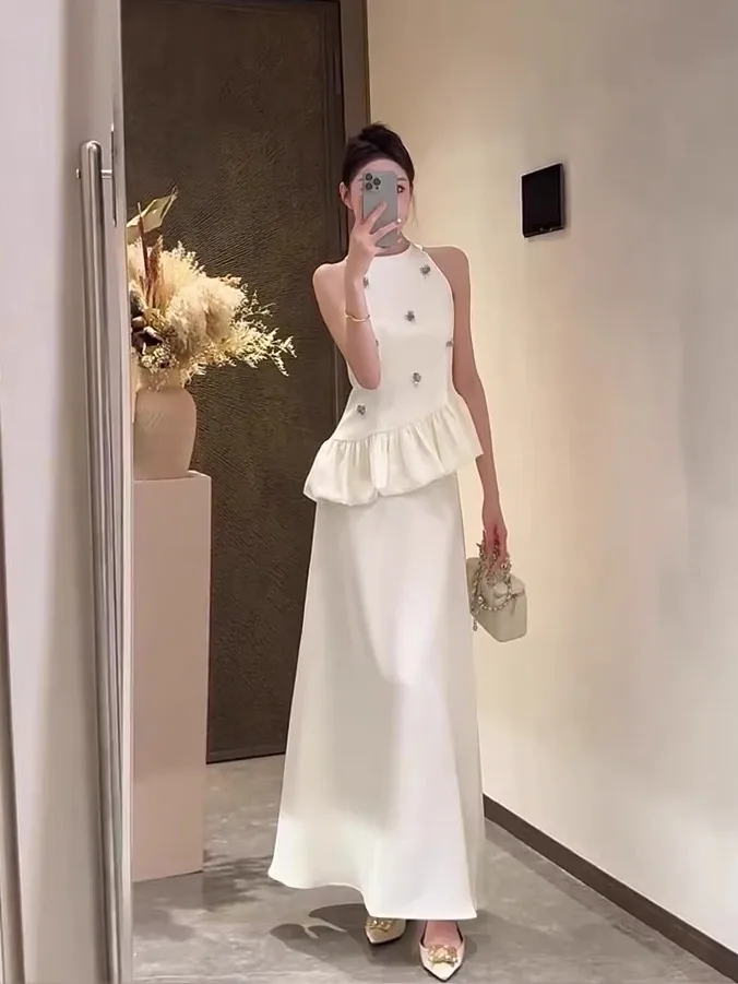 

Elegant 3D Flower Lace Trim Halter Top Skirt Set Original Model Shipping Fashionable French Style Summer Outfit for Women