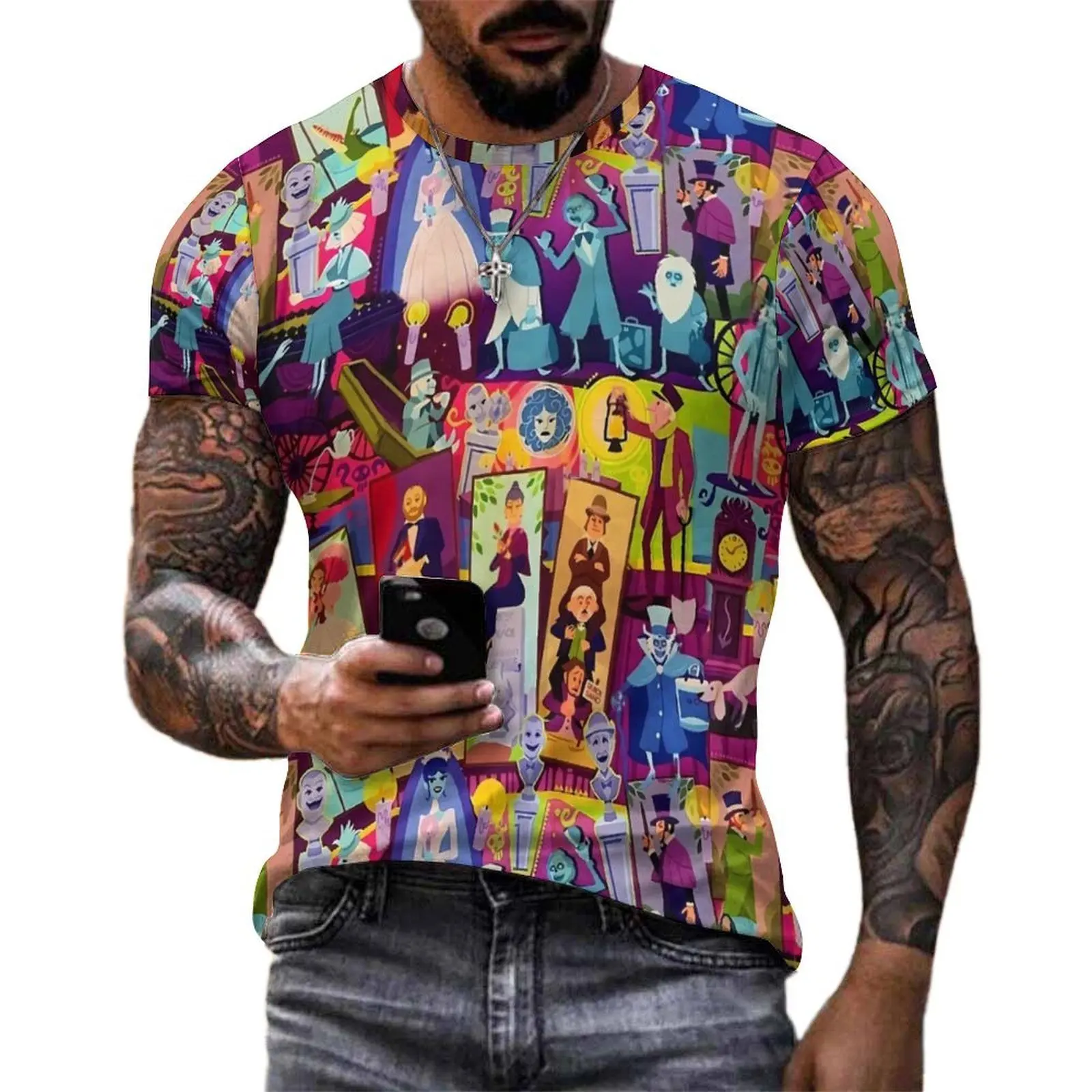 Haunted Mansion T-Shirt For Mens Retro Mansion Collage Graphic O Neck T-Shirts Cool Tops Short Sleeve Street Style Oversize Tees