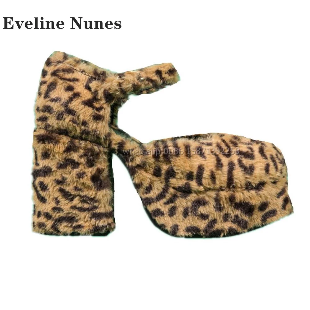 Leopard Platform Sexy Women Sandals Round Toe Height Increasing Buckle Strap Side Air Furry Fur Pumps Spicy Girl Casual Shoes