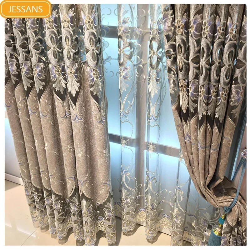 European-style Light Luxury Thickened Chenille Embroidered Window Screen Curtains for Living Room Bedroom Finished Product